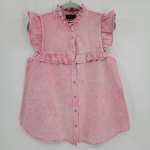 NWOT VICI Pink Ruffle Cap Sleeve Button Up Top Medium - Picture 3 of 10